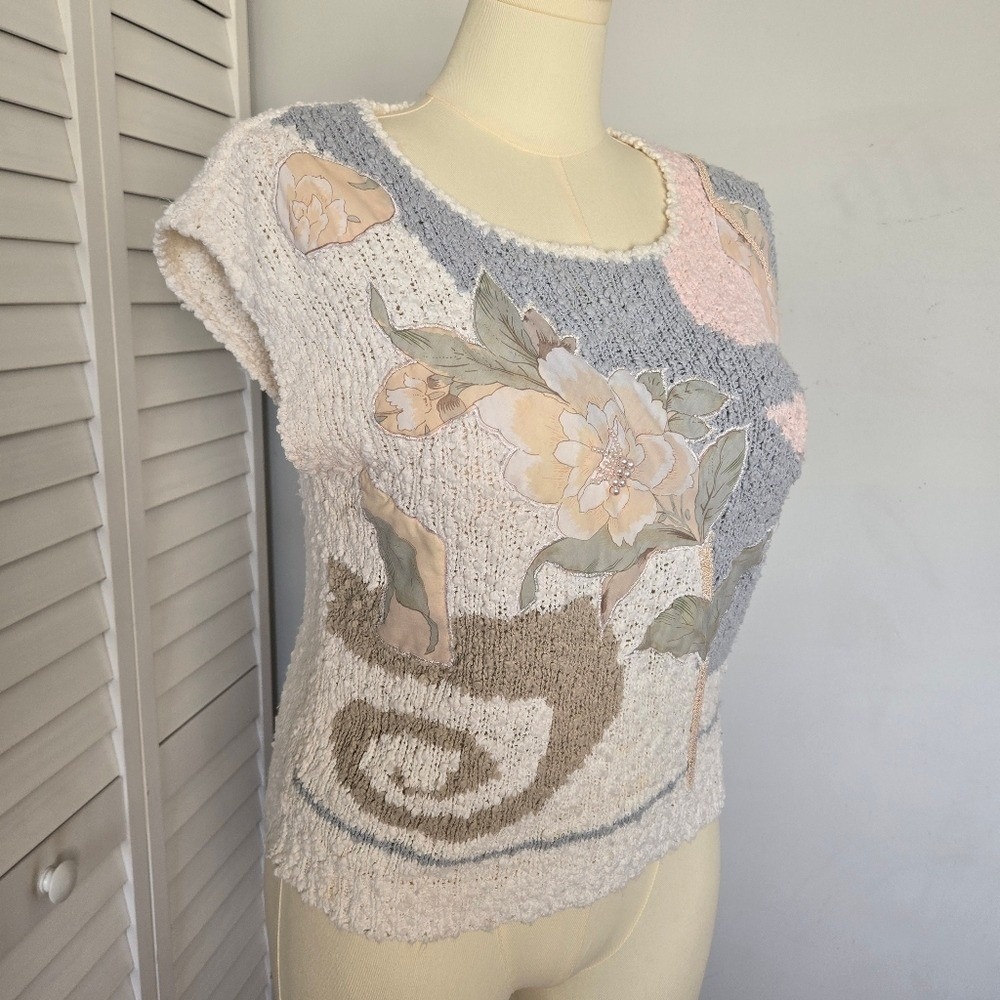 Vtg 90s Margules Floral Chenille Sweater Top Size M Cottage Pastel Grandmacore - Picture 3 of 10